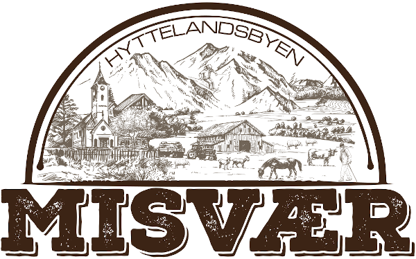Tegning av Misvær med logo, gårdsbruk, hytter, kirke og fjell.